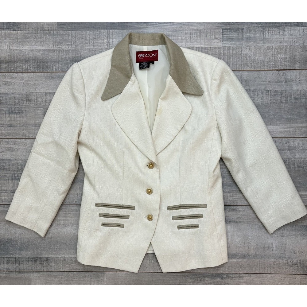 Vintage Sasson New York Blazer Women's 4 Cream Y2K Contrast Collar Gold Buttons